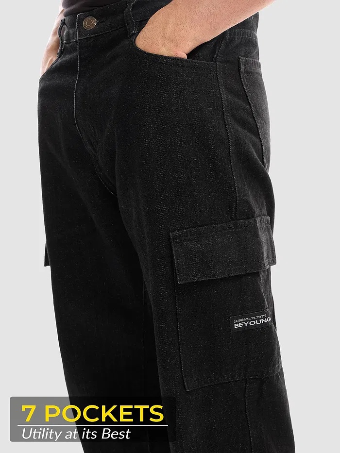 Black Denim Cargo Pants For Men