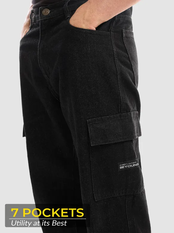 Black Denim Cargo Pants For Men