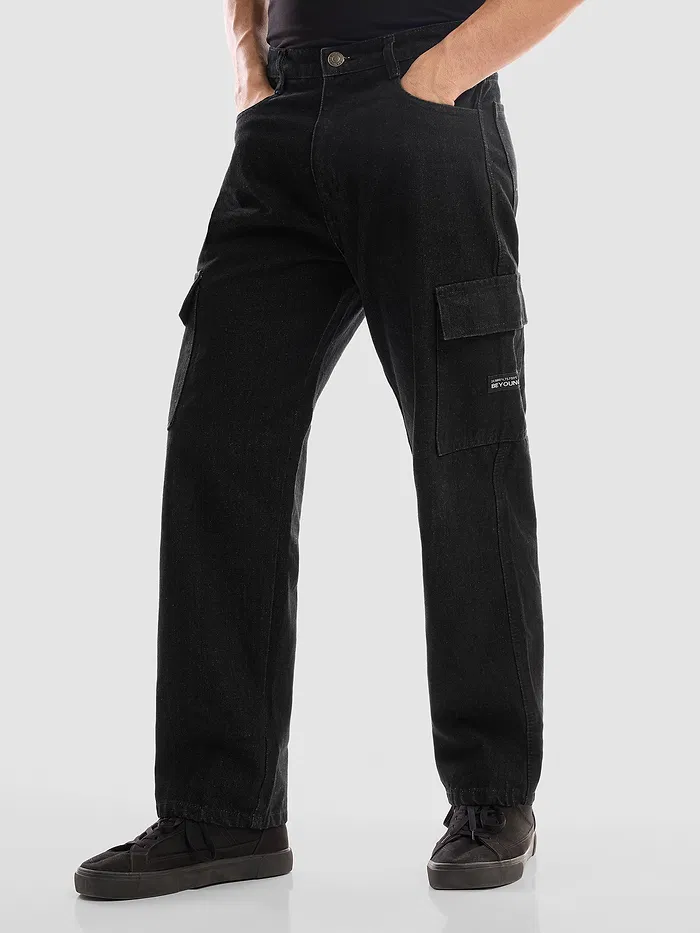 Black Denim Cargo Pants For Men