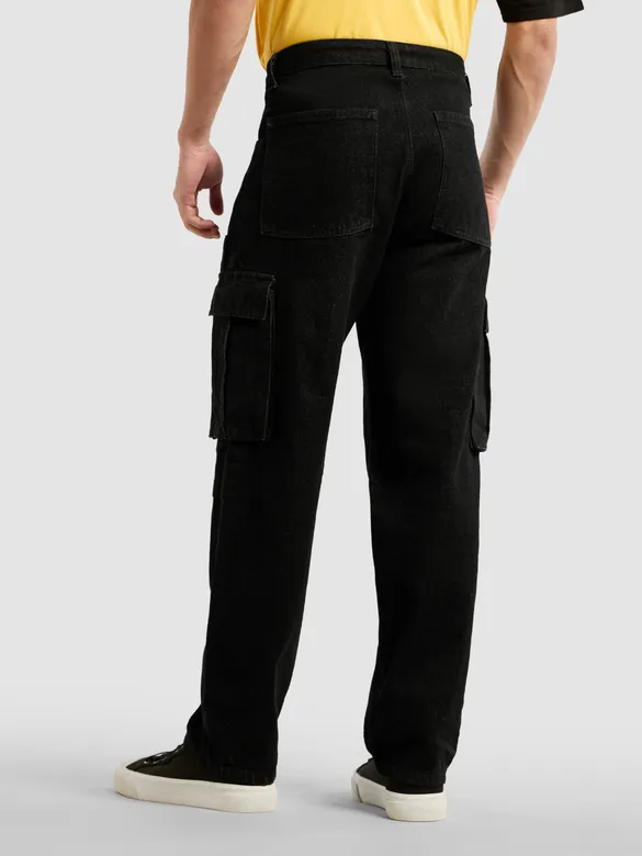 Black Denim Zipper Pocket Cargo Pants