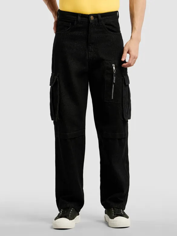 Black Denim Zipper Pocket Cargo Pants