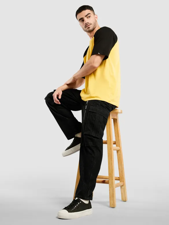 Black Denim Zipper Pocket Cargo Pants
