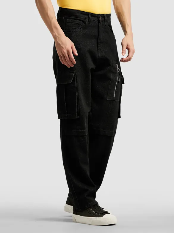 Black Denim Zipper Pocket Cargo Pants