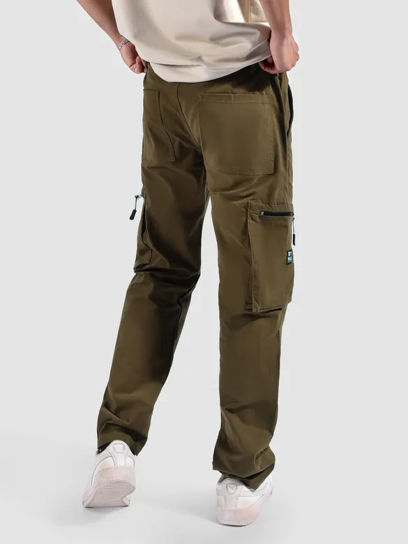 Brown Slant Zipper Pocket Cargo Pants