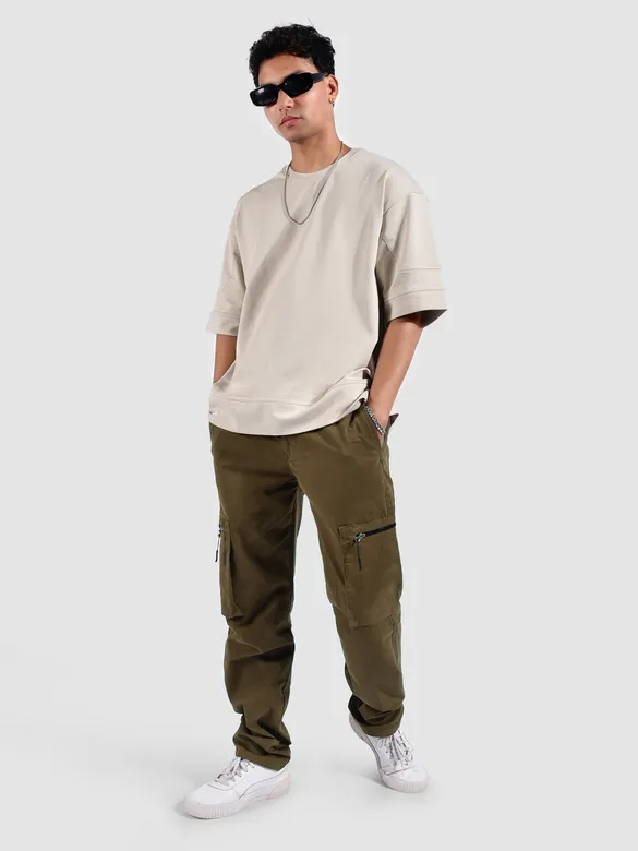 Brown Slant Zipper Pocket Cargo Pants