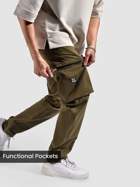 Brown Slant Zipper Pocket Cargo Pants