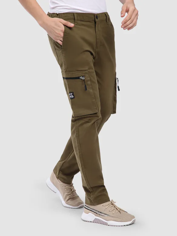 Brown Slant Zipper Pocket Cargo Pants
