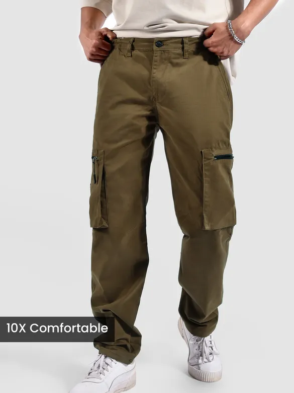 Brown Slant Zipper Pocket Cargo Pants