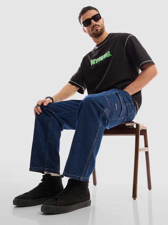 Dark Blue Denim Cargo Pants For Men