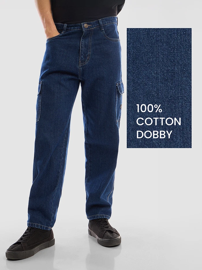Dark Blue Denim Cargo Pants For Men