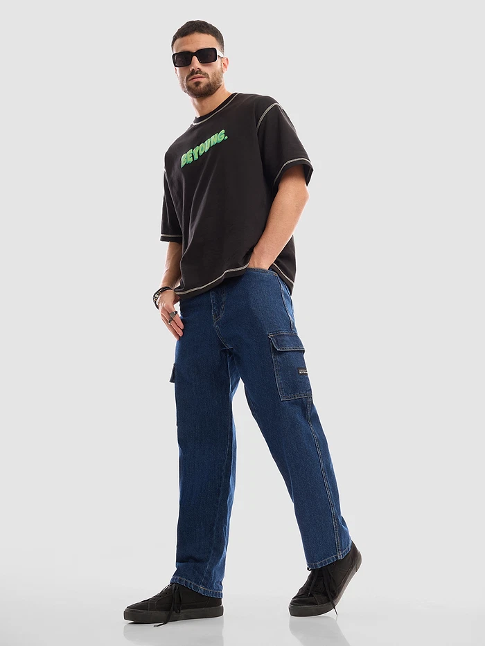 Dark Blue Denim Cargo Pants For Men