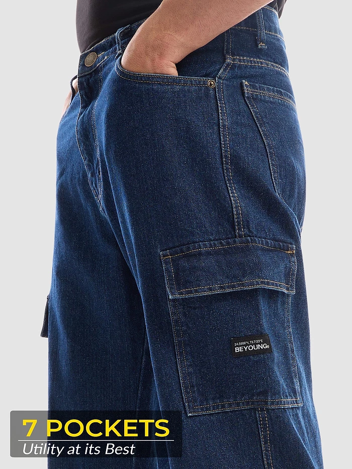 Dark Blue Denim Cargo Pants For Men