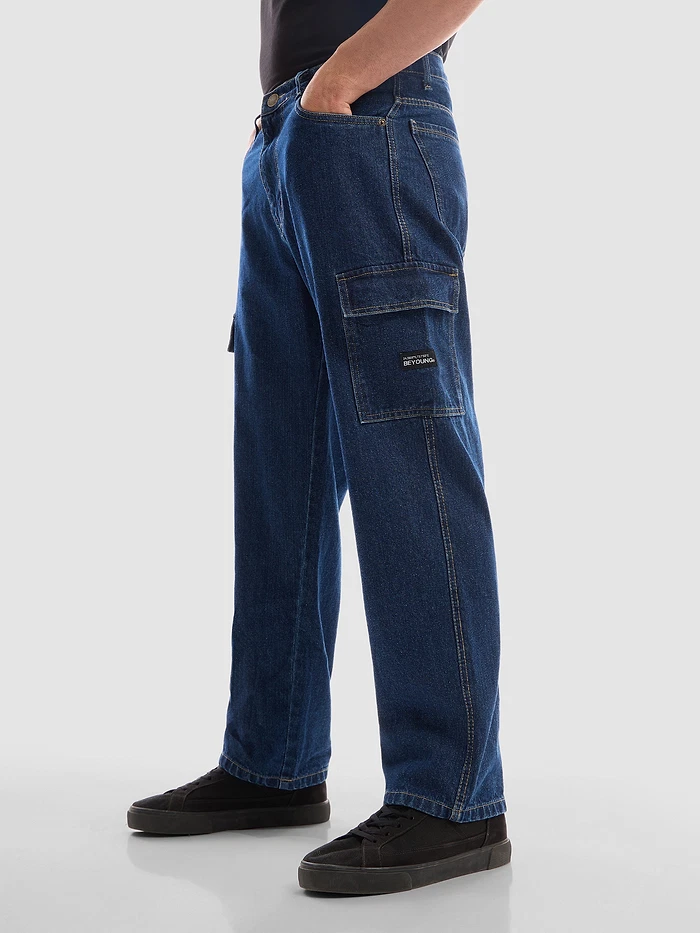 Dark Blue Denim Cargo Pants For Men