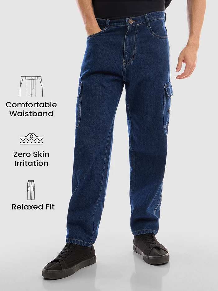 Dark Blue Denim Cargo Pants For Men