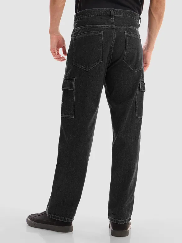 Dark Grey Denim Cargo Pants For Men