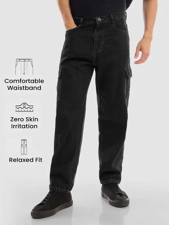 Dark Grey Denim Cargo Pants For Men