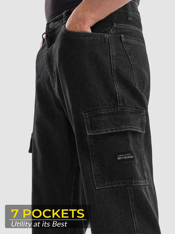 Dark Grey Denim Cargo Pants For Men