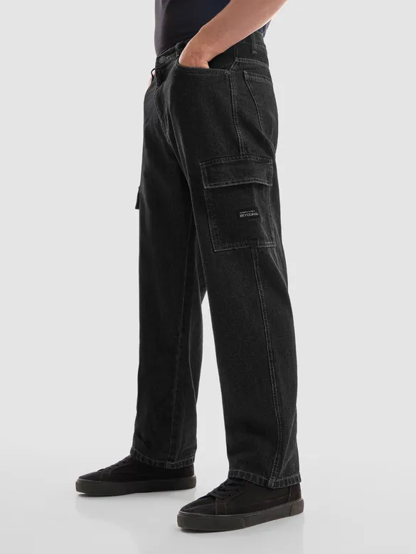 Dark Grey Denim Cargo Pants For Men