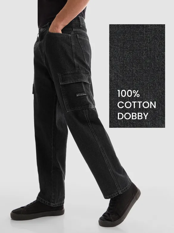 Dark Grey Denim Cargo Pants For Men