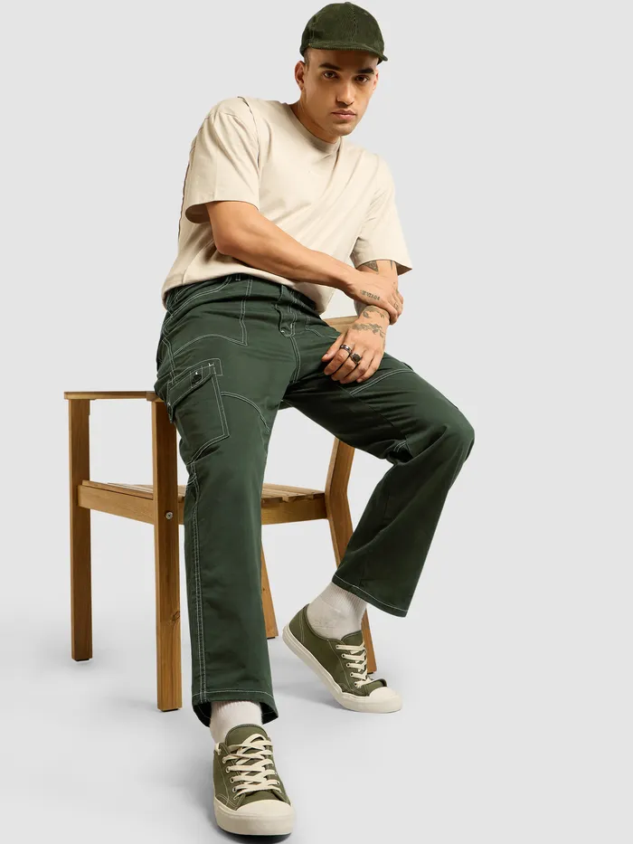Dark Olive Contrast Stitched Cargo Pants