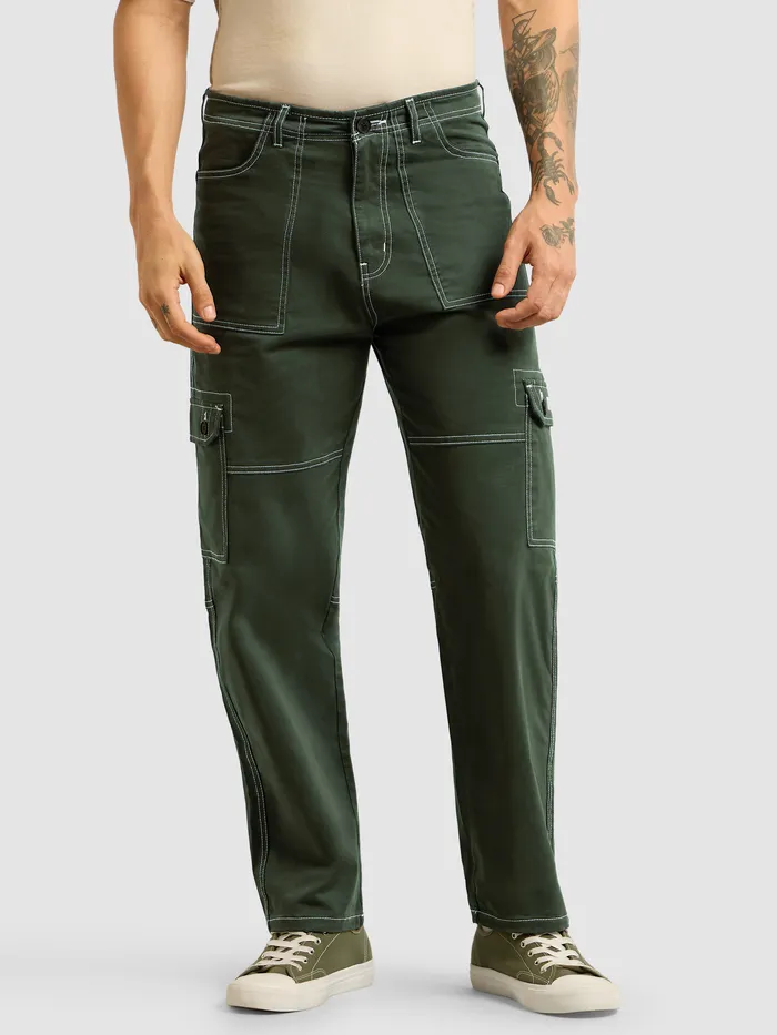 Dark Olive Contrast Stitched Cargo Pants