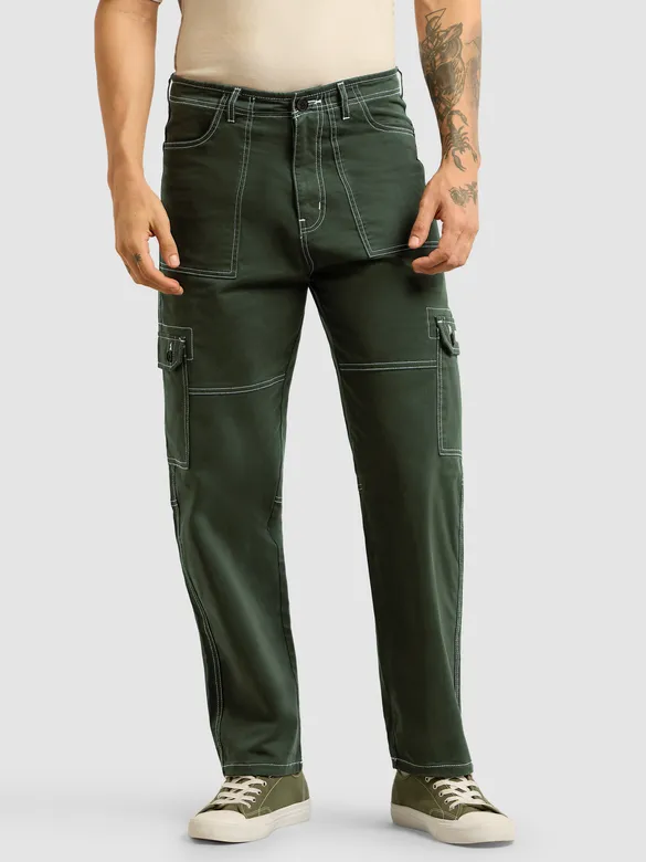 Dark Olive Contrast Stitched Cargo Pants