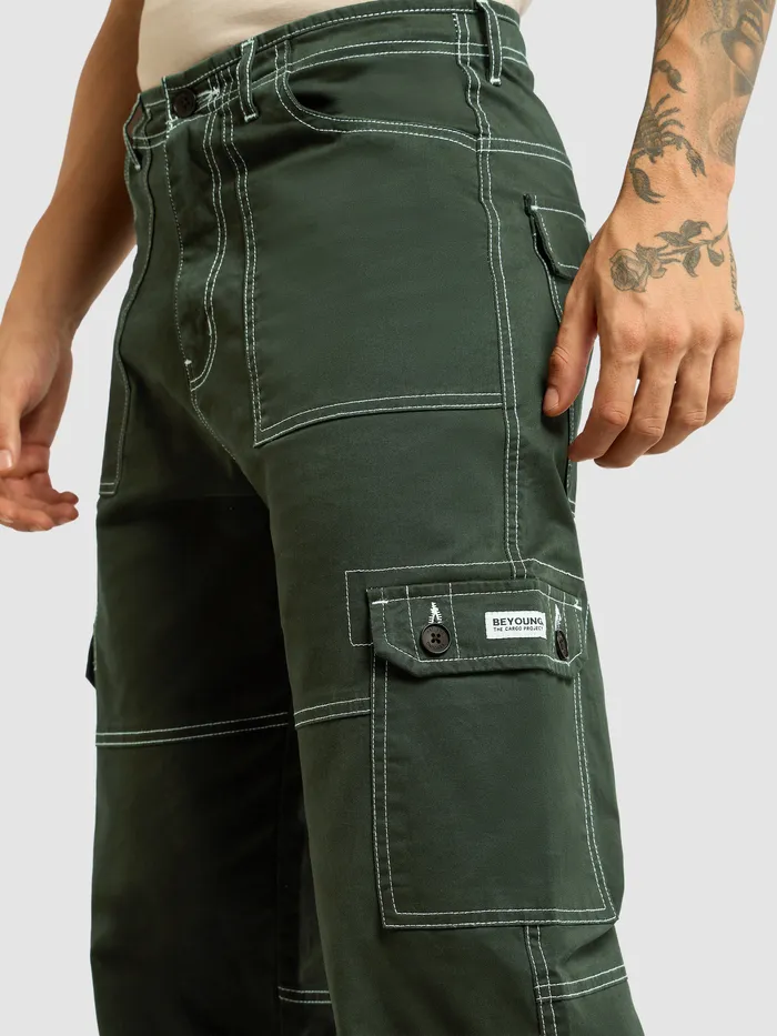 Dark Olive Contrast Stitched Cargo Pants