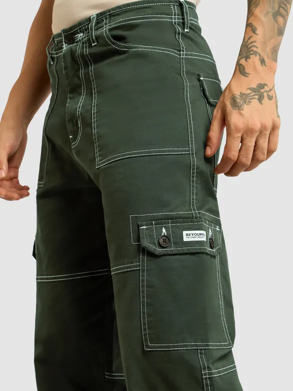 Dark Olive Contrast Stitched Cargo Pants