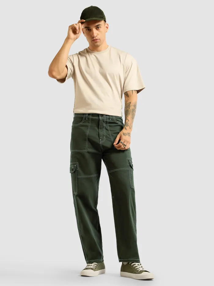Dark Olive Contrast Stitched Cargo Pants