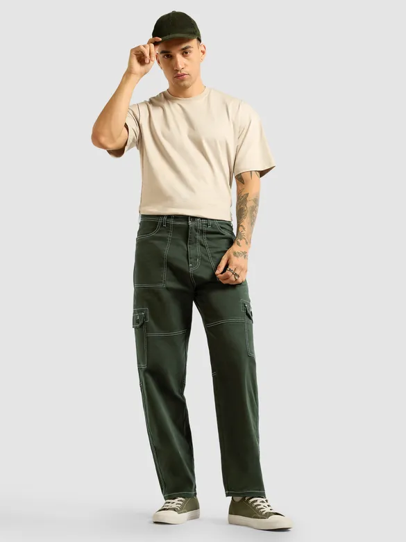 Dark Olive Contrast Stitched Cargo Pants
