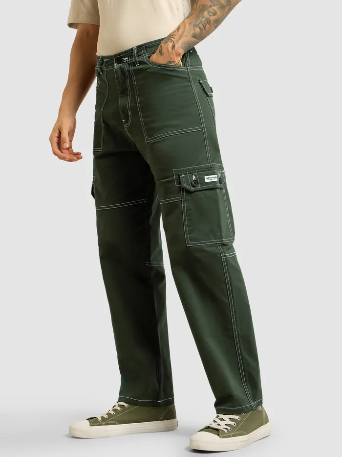 Dark Olive Contrast Stitched Cargo Pants