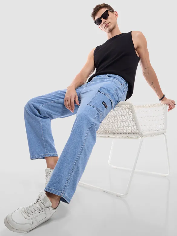 Light Blue Denim Cargo Pants For Men