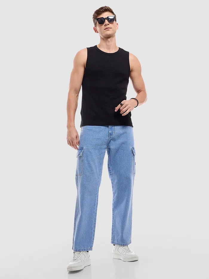 Light Blue Denim Cargo Pants For Men