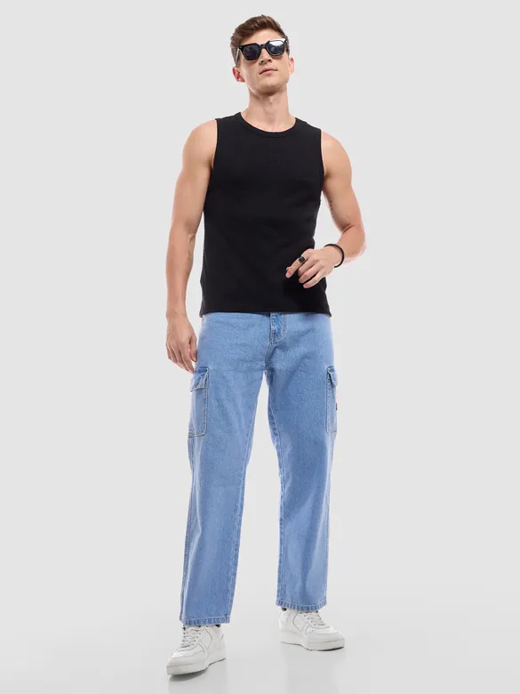 Light Blue Denim Cargo Pants For Men