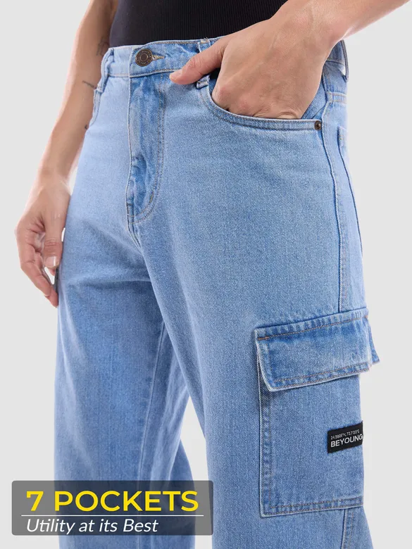 Light Blue Denim Cargo Pants For Men