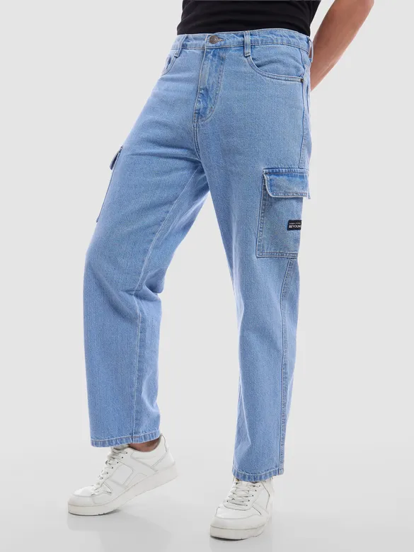 Light Blue Denim Cargo Pants For Men