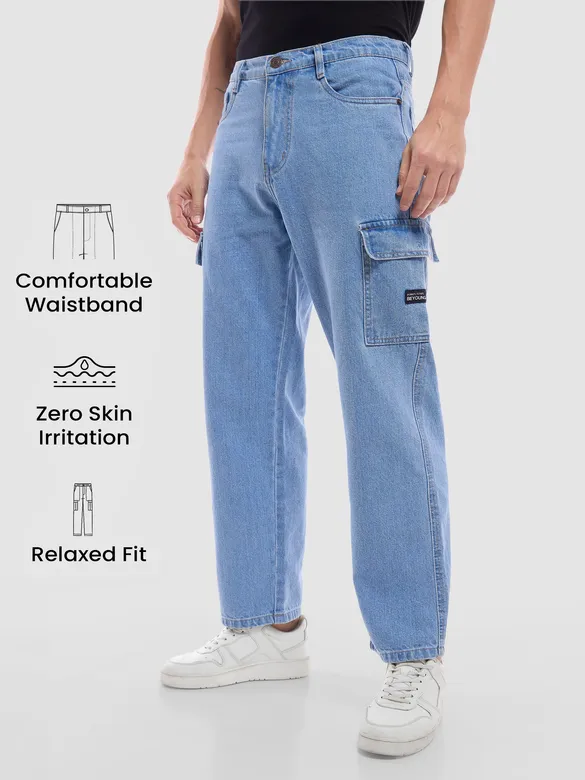 Light Blue Denim Cargo Pants For Men