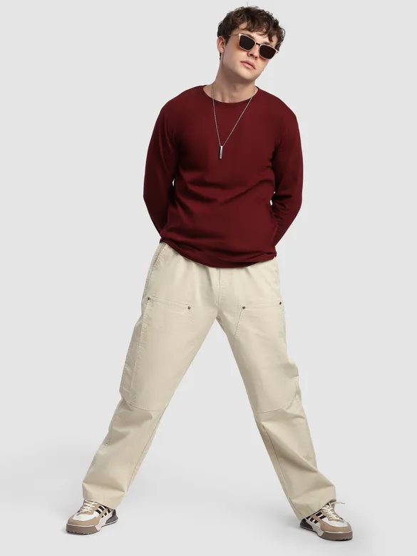Cream Rivet Detailed Cargo Pants
