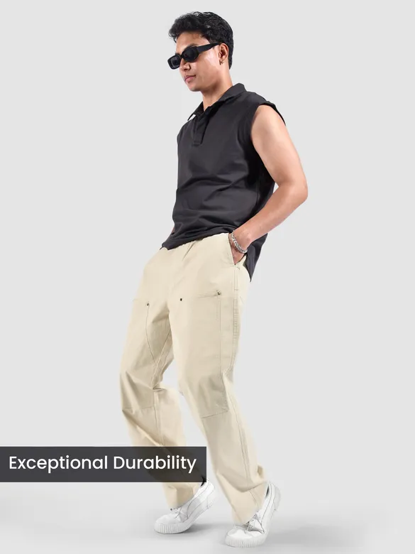 Cream Rivet Detailed Cargo Pants