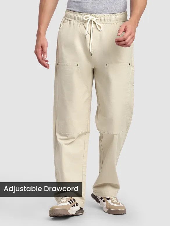 Cream Rivet Detailed Cargo Pants