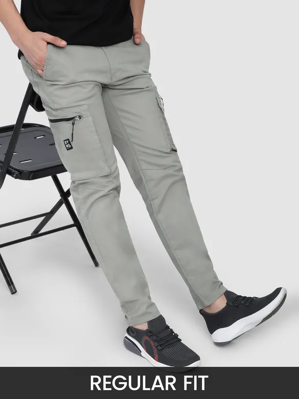Light Grey Slant Zipper Pocket Cargo Pants