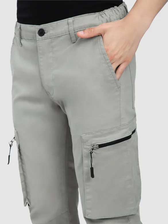 Light Grey Slant Zipper Pocket Cargo Pants