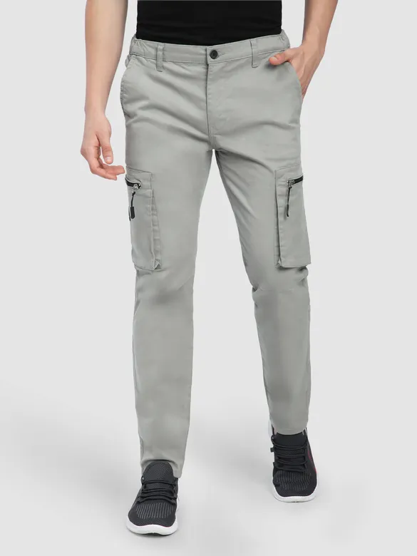 Light Grey Slant Zipper Pocket Cargo Pants