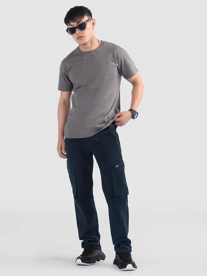 Navy Slant Zipper Pocket Cargo Pants