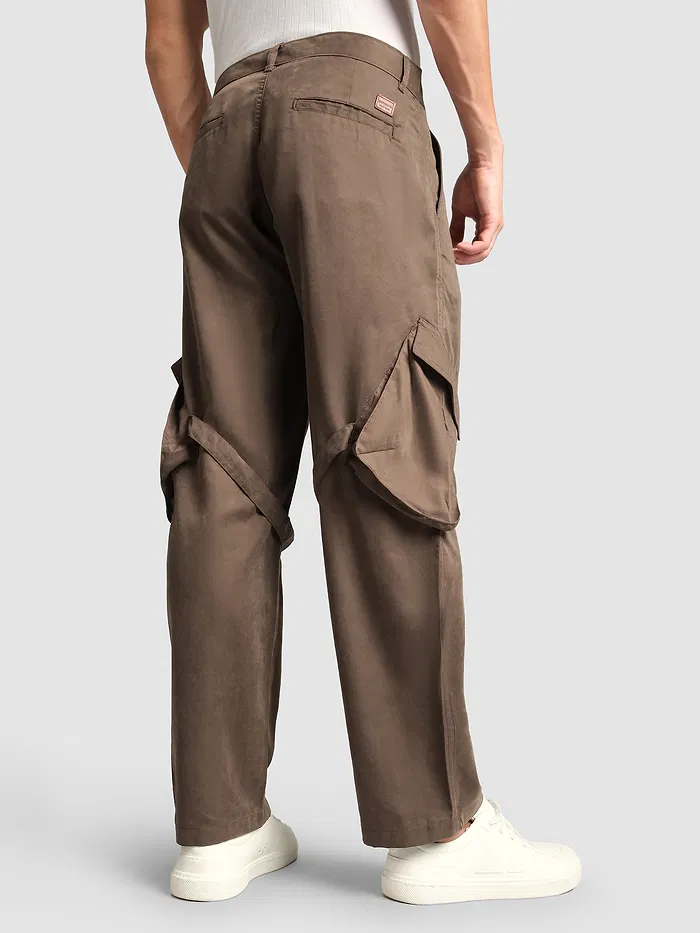 Brown Leather Drill Belted Cargo Pants