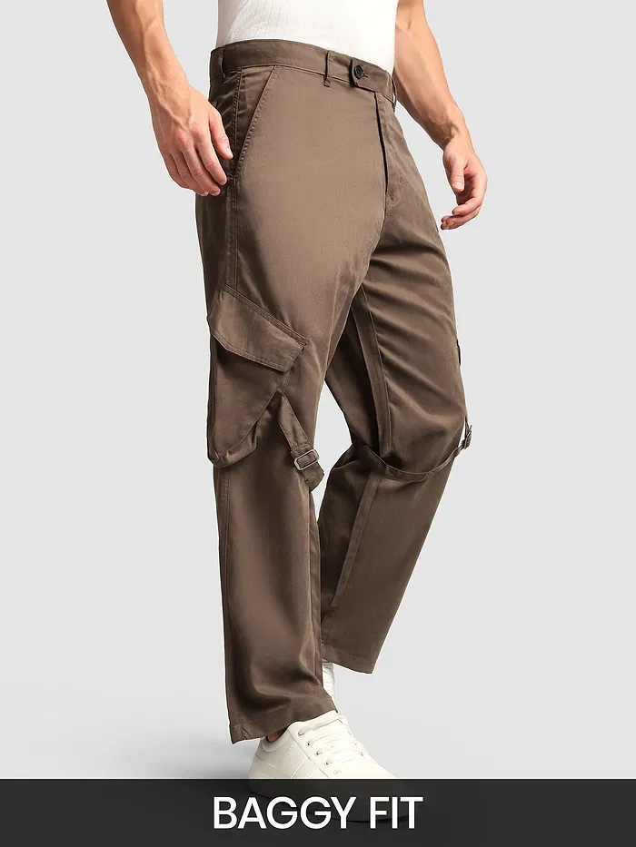 Brown Leather Drill Belted Cargo Pants