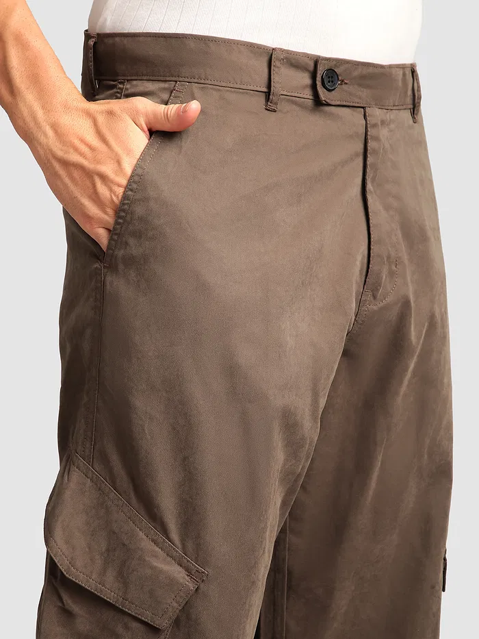 Brown Leather Drill Belted Cargo Pants