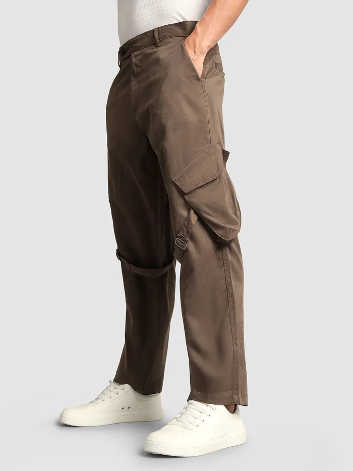 Brown Leather Drill Belted Cargo Pants