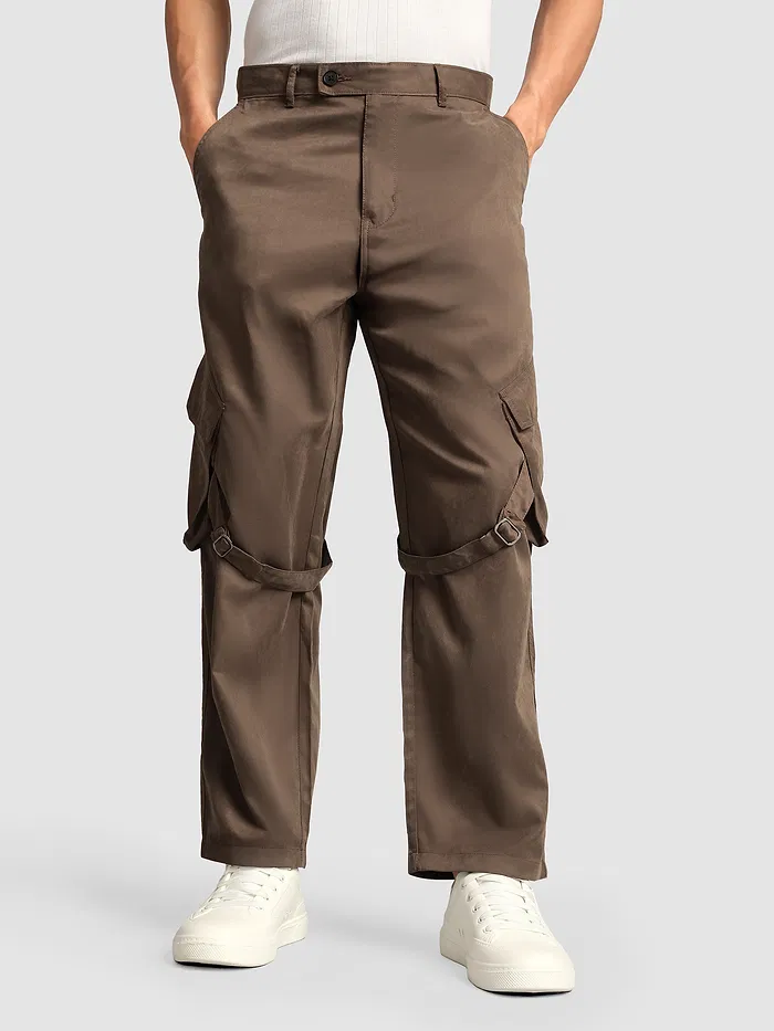 Brown Leather Drill Belted Cargo Pants
