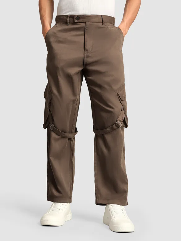 Brown Leather Drill Belted Cargo Pants